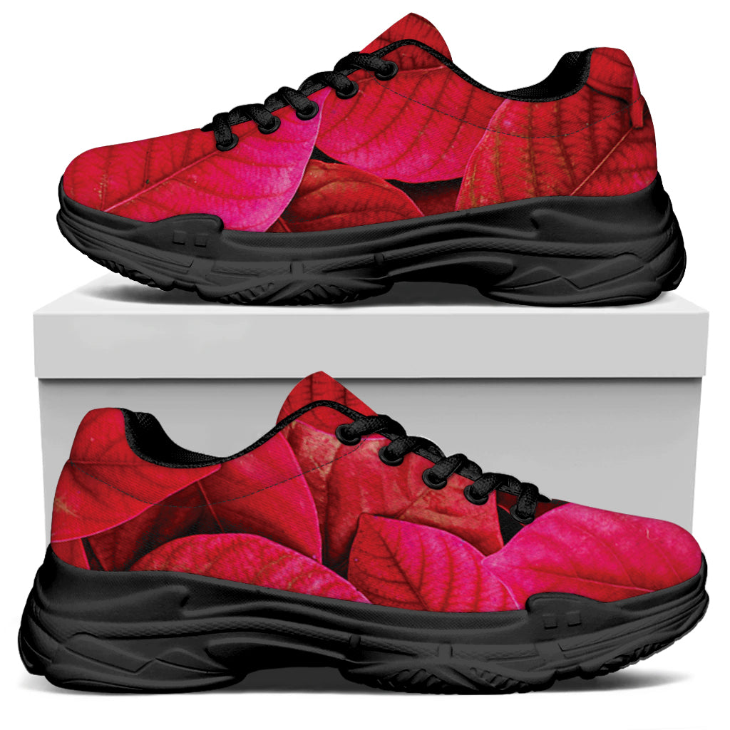 Red Leaf Print Black Chunky Shoes