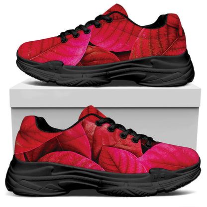 Red Leaf Print Black Chunky Shoes