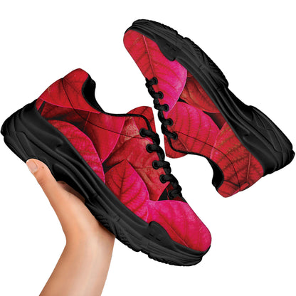 Red Leaf Print Black Chunky Shoes