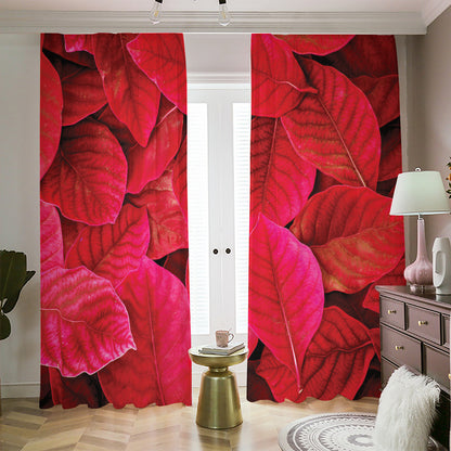 Red Leaf Print Blackout Pencil Pleat Curtains
