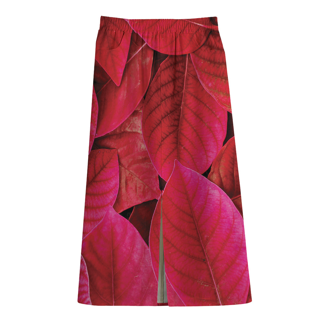 Red Leaf Print Cotton Front Slit Maxi Skirt
