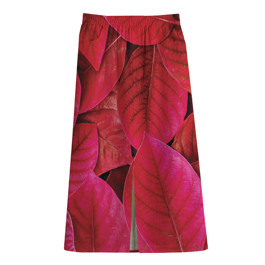 Red Leaf Print Cotton Front Slit Maxi Skirt