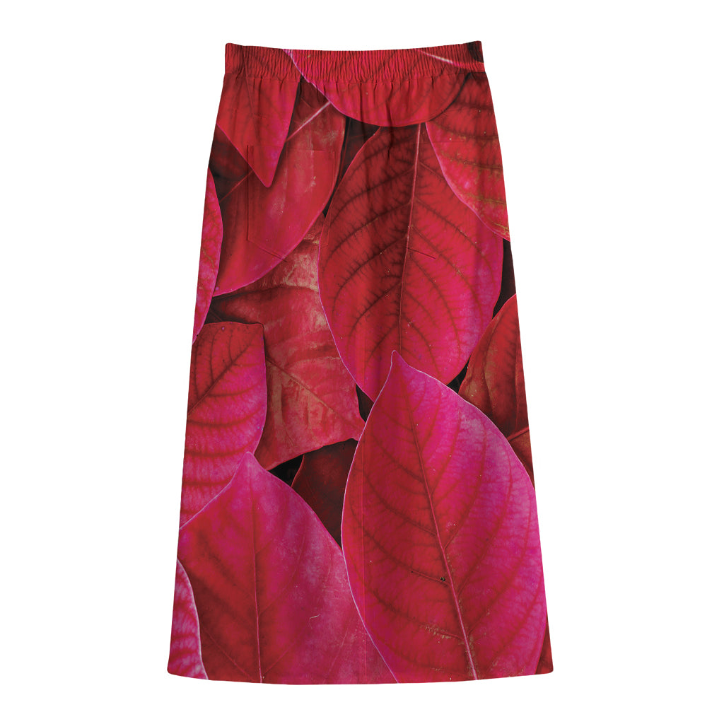 Red Leaf Print Cotton Front Slit Maxi Skirt