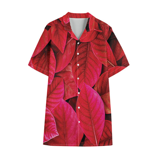 Red Leaf Print Cotton Hawaiian Shirt