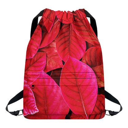 Red Leaf Print Drawstring Backpack