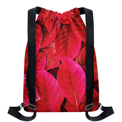 Red Leaf Print Drawstring Backpack