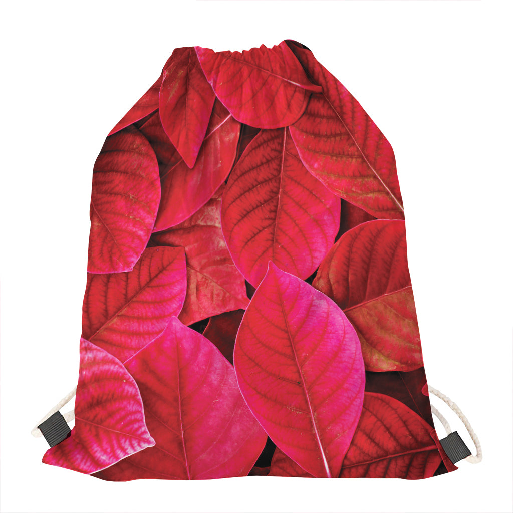 Red Leaf Print Drawstring Bag