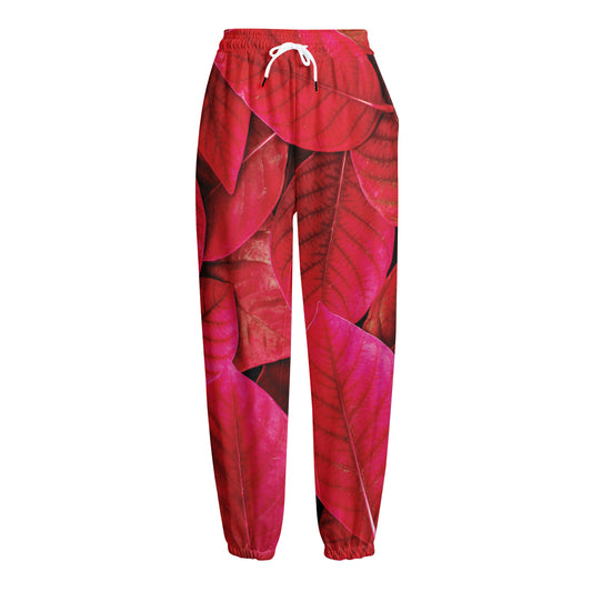 Red Leaf Print Fleece Lined Knit Pants
