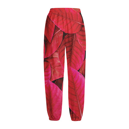 Red Leaf Print Fleece Lined Knit Pants