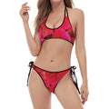 Red Leaf Print Halter Scoop Tie Side Bikini