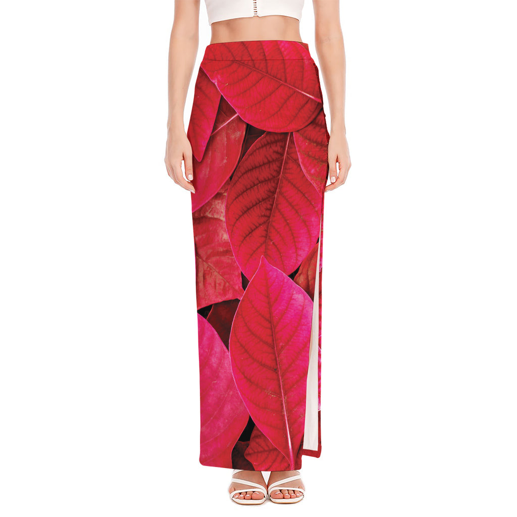 Red Leaf Print High Slit Maxi Skirt