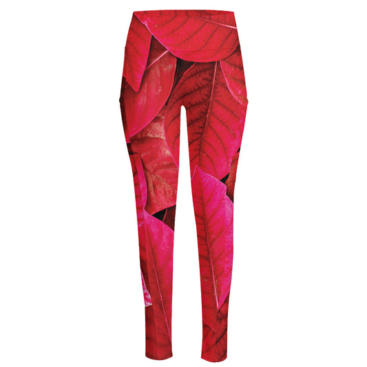 Red Leaf Print High-Waisted Pocket Leggings