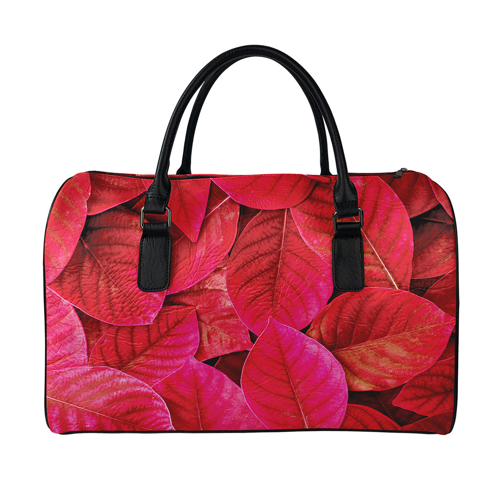 Red Leaf Print Leather Duffle Bag