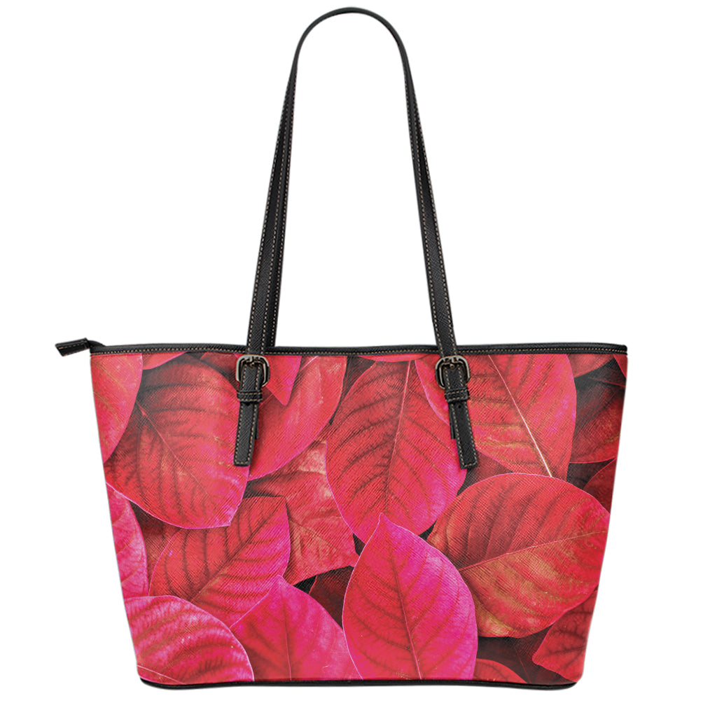 Red Leaf Print Leather Tote Bag