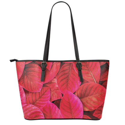 Red Leaf Print Leather Tote Bag