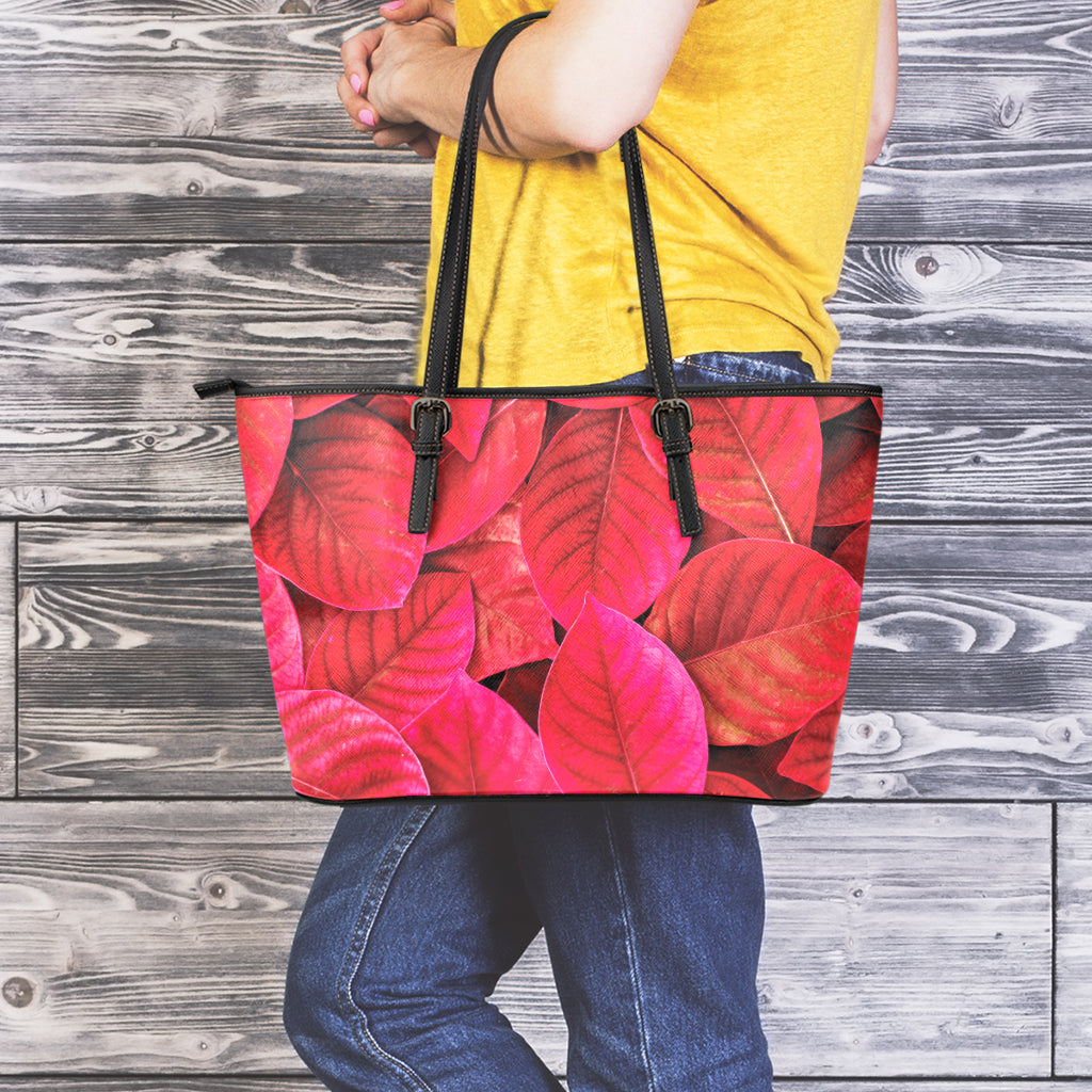 Red Leaf Print Leather Tote Bag