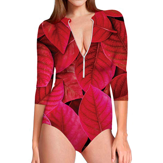 Red Leaf Print Long Sleeve Swimsuit