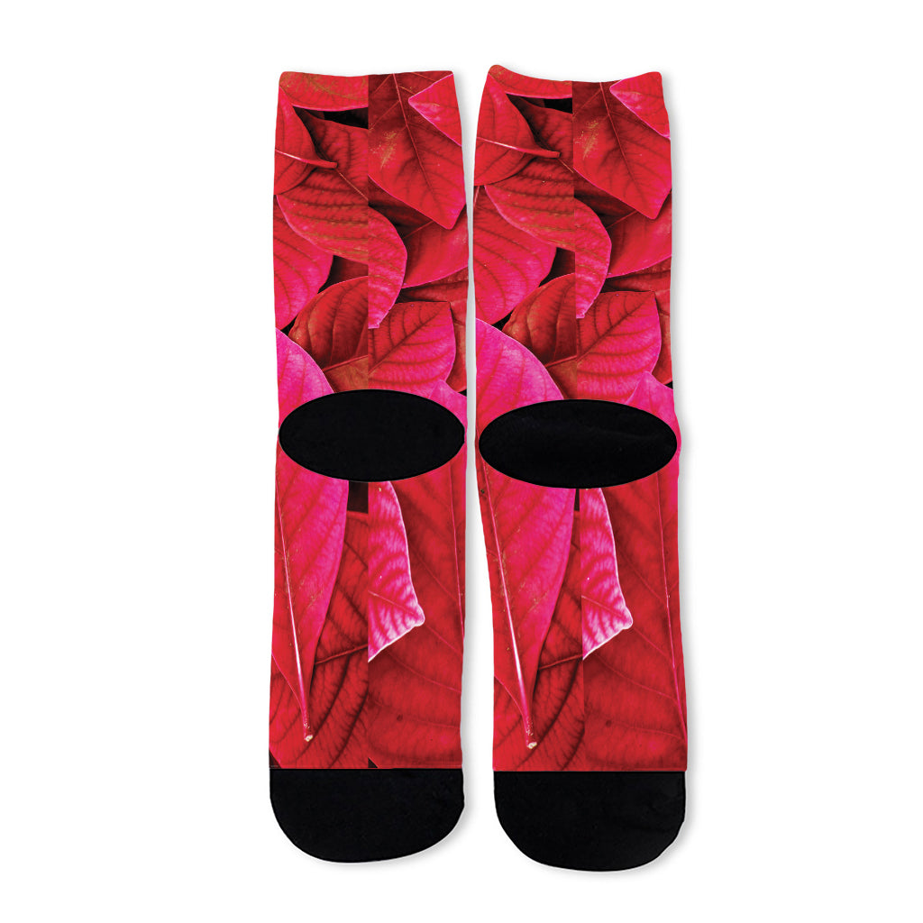 Red Leaf Print Long Socks
