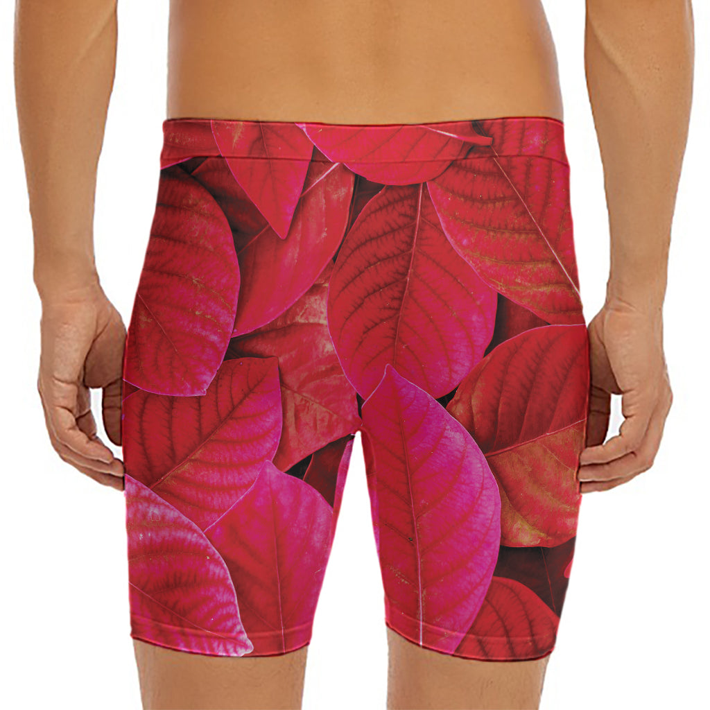 Red Leaf Print Men's Long Boxer Briefs