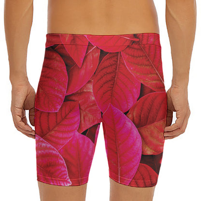 Red Leaf Print Men's Long Boxer Briefs