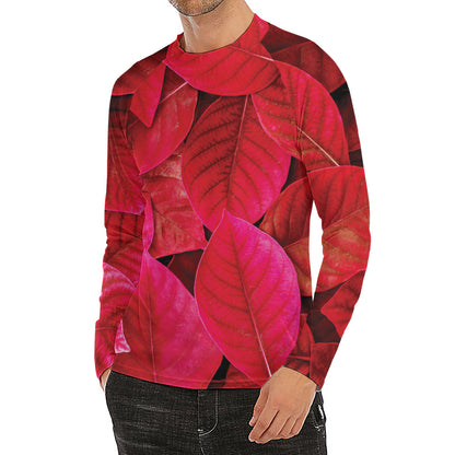 Red Leaf Print Men's Long Sleeve Rash Guard