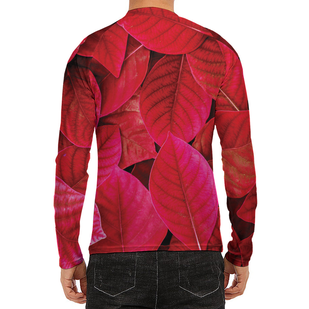 Red Leaf Print Men's Long Sleeve Rash Guard