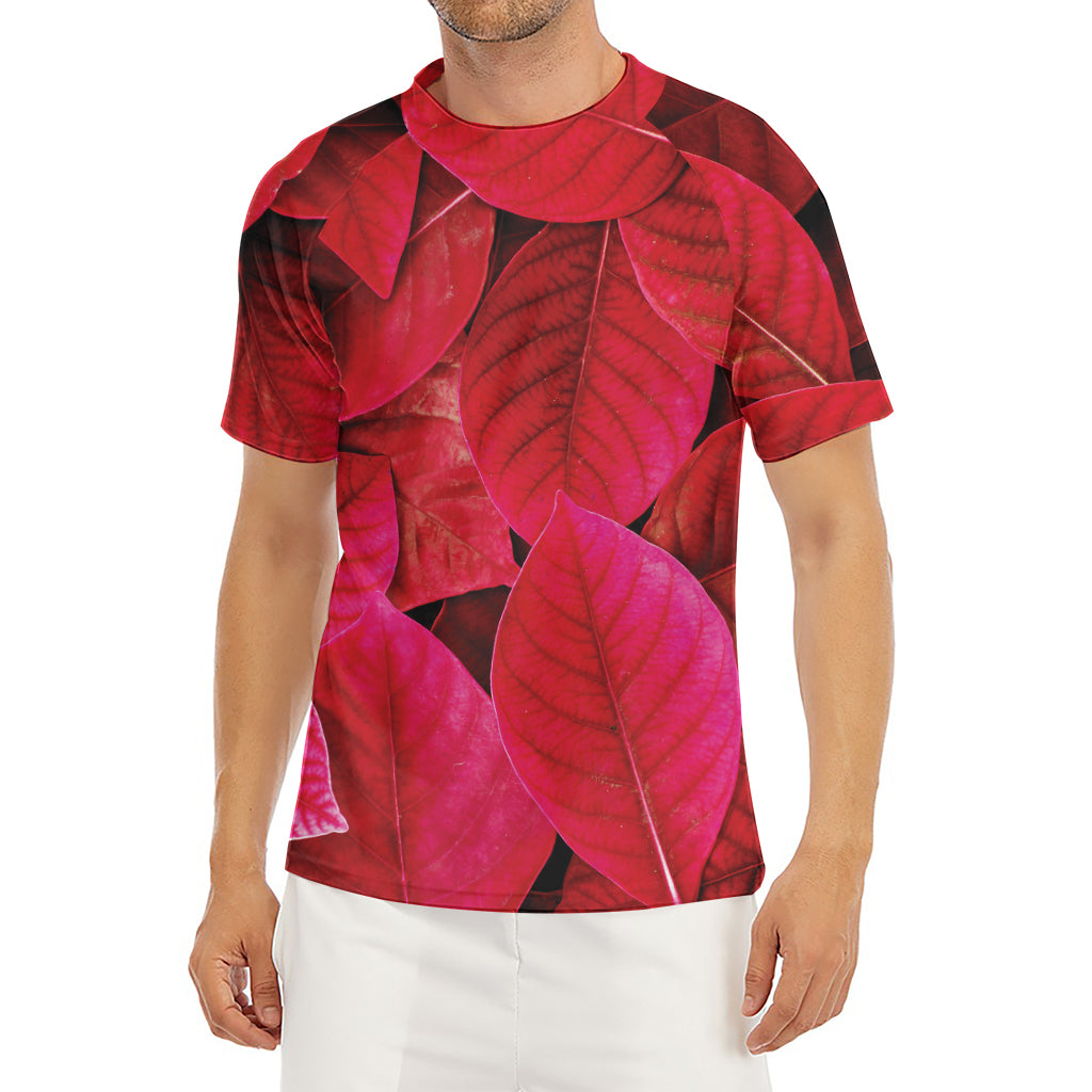 Red Leaf Print Men's Short Sleeve Rash Guard
