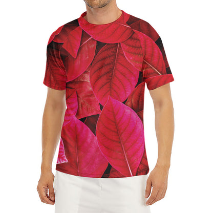 Red Leaf Print Men's Short Sleeve Rash Guard