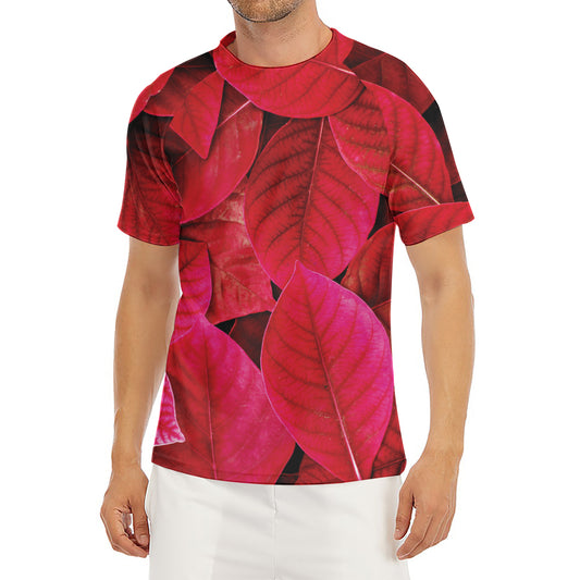 Red Leaf Print Men's Short Sleeve Rash Guard