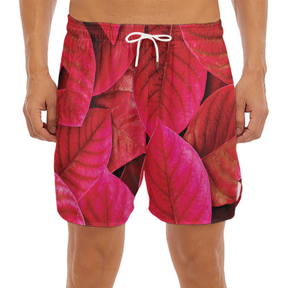 Red Leaf Print Men's Split Running Shorts