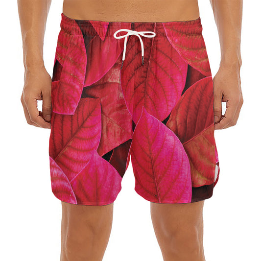 Red Leaf Print Men's Split Running Shorts