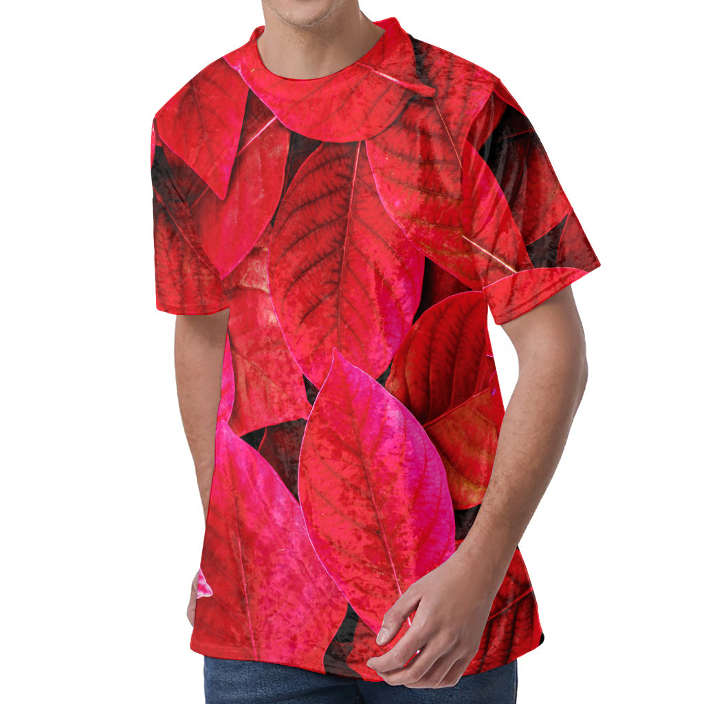 Red Leaf Print Men's Velvet T-Shirt
