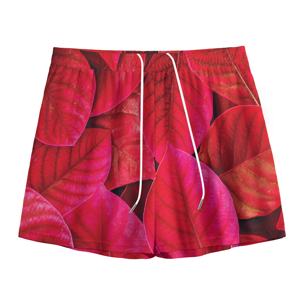 Red Leaf Print Mesh Shorts