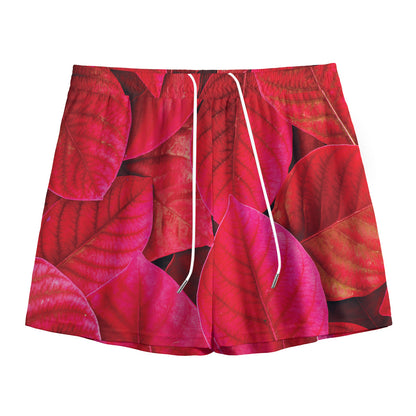 Red Leaf Print Mesh Shorts