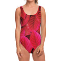 Red Leaf Print One Piece Swimsuit