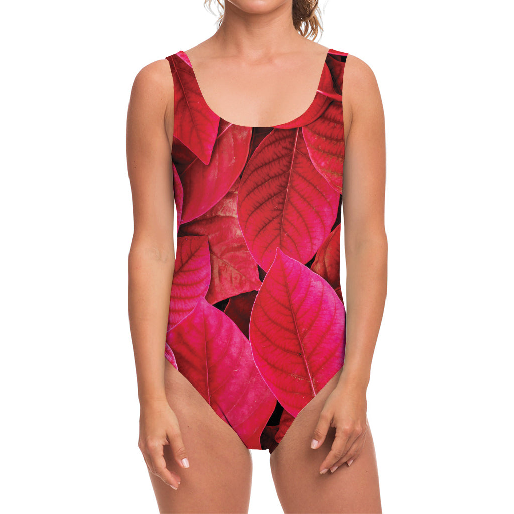 Red Leaf Print One Piece Swimsuit