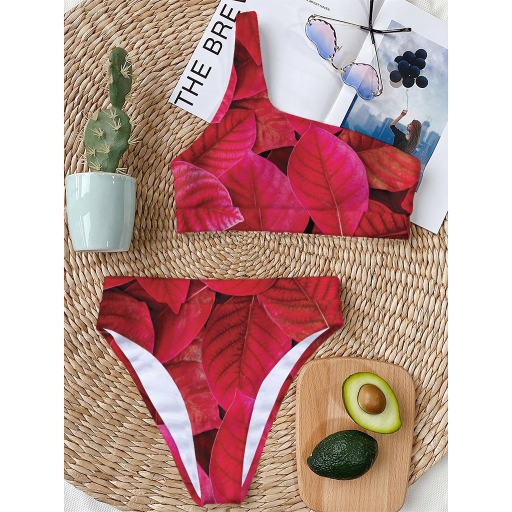 Red Leaf Print One Shoulder Bikini Top