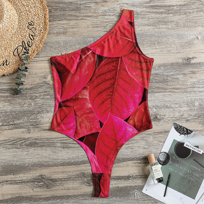 Red Leaf Print One Shoulder Bodysuit