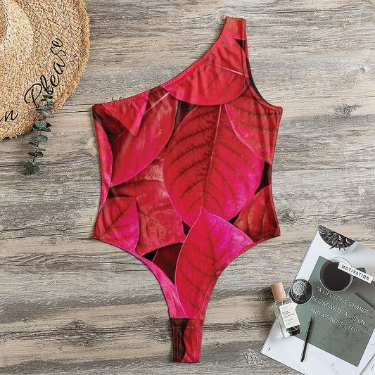 Red Leaf Print One Shoulder Bodysuit