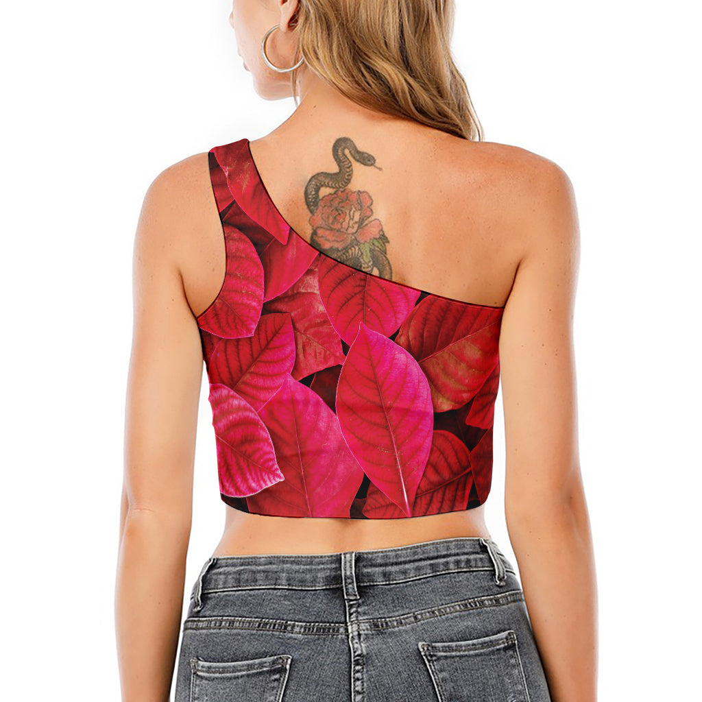 Red Leaf Print One Shoulder Crop Top