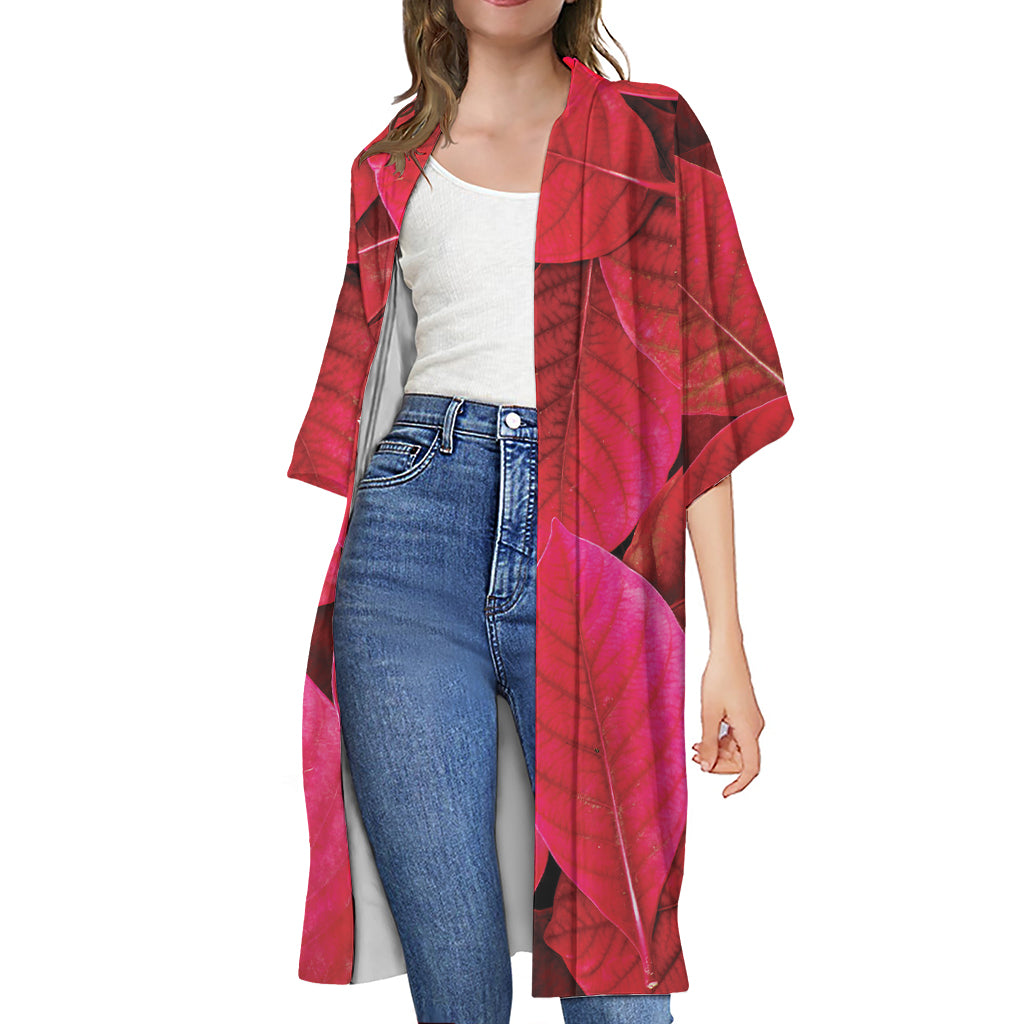 Red Leaf Print Open Front Beach Cover Up