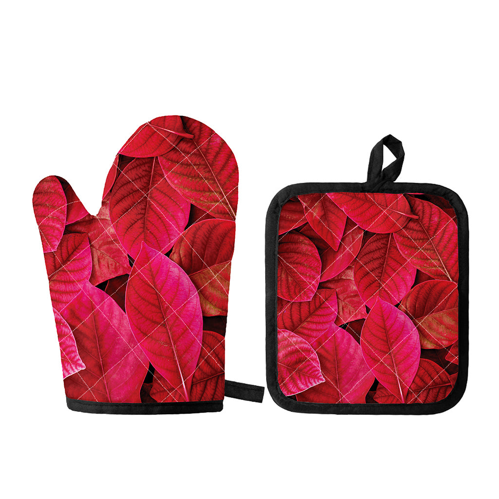 Red Leaf Print Oven Mitt And Pot Holder Set