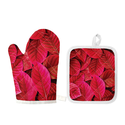 Red Leaf Print Oven Mitt And Pot Holder Set