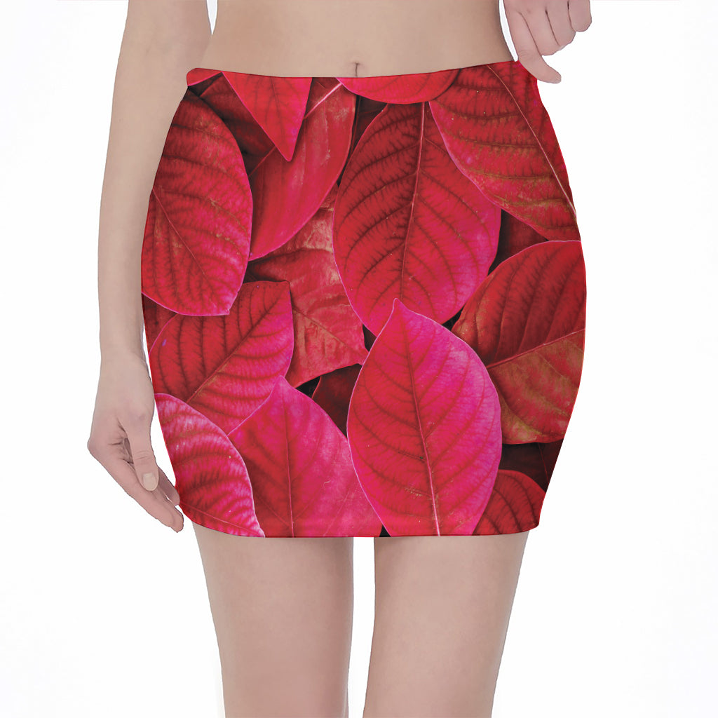 Red Leaf Print Pencil Mini Skirt