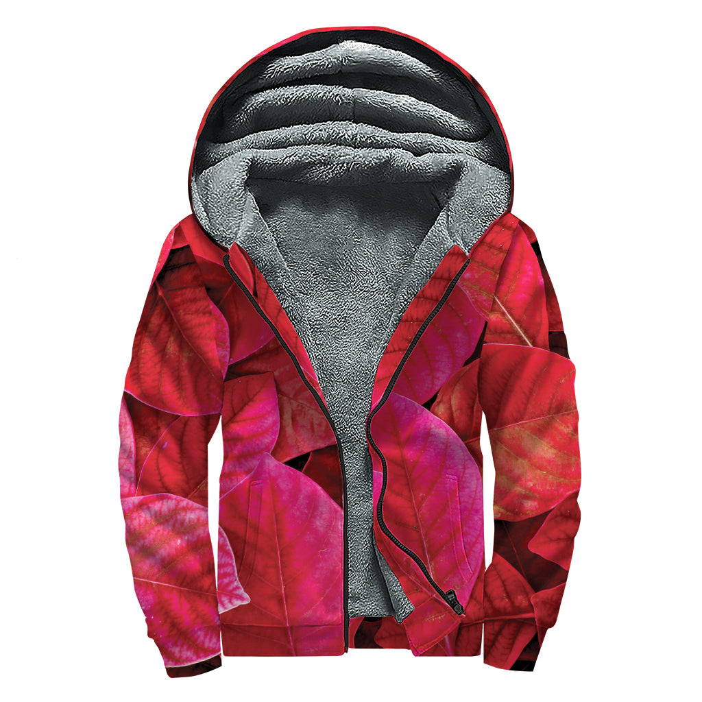 Red Leaf Print Sherpa Lined Zip Up Hoodie