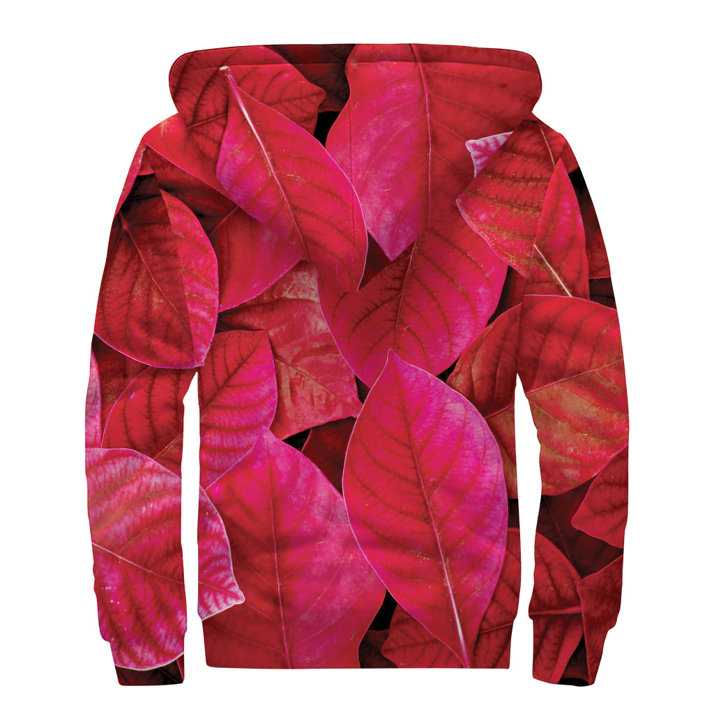 Red Leaf Print Sherpa Lined Zip Up Hoodie