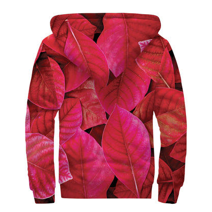 Red Leaf Print Sherpa Lined Zip Up Hoodie
