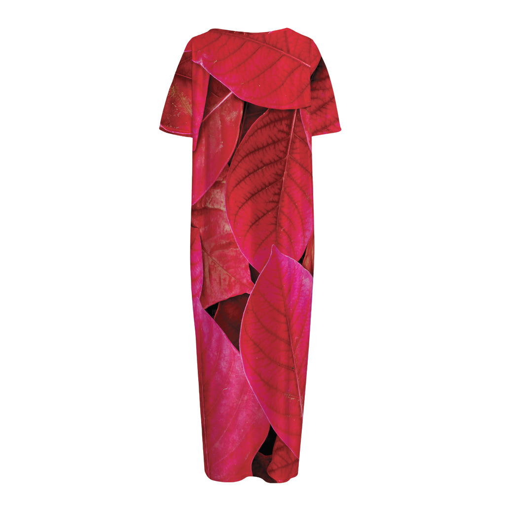 Red Leaf Print Short Sleeve Long Nightdress