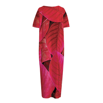 Red Leaf Print Short Sleeve Long Nightdress