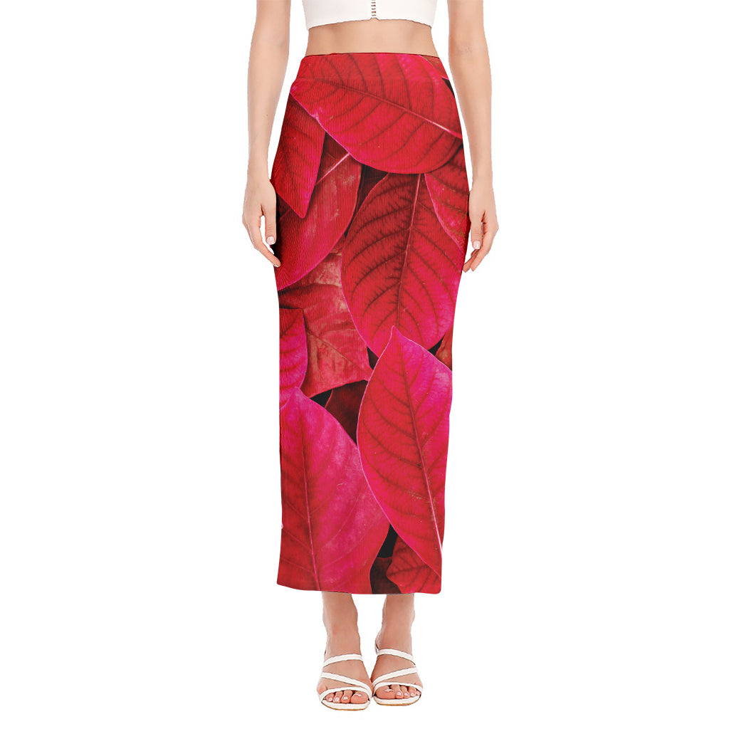 Red Leaf Print Side Slit Maxi Skirt
